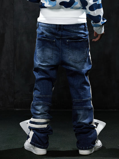 Vintage Washed Zip-Pocket Striped Biker Jeans