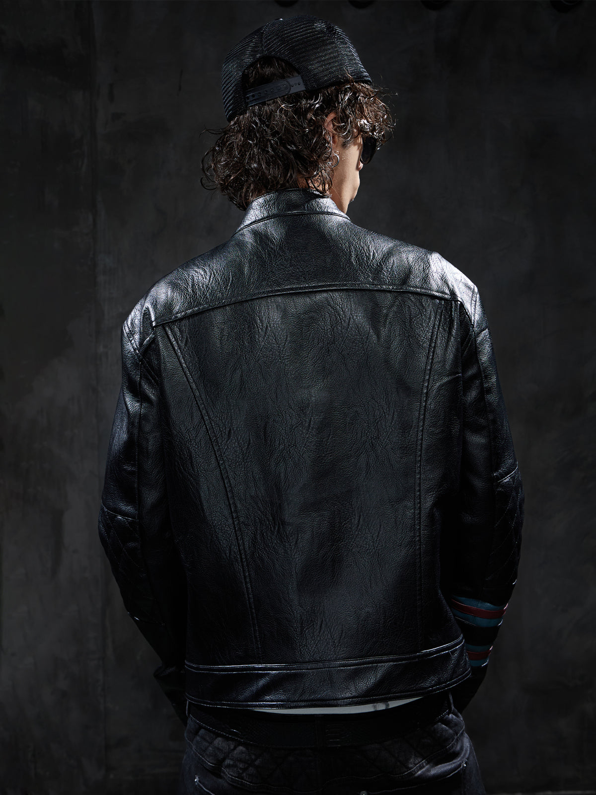 Vintage Contrast-Stripe Quilted Moto Leather Jacket
