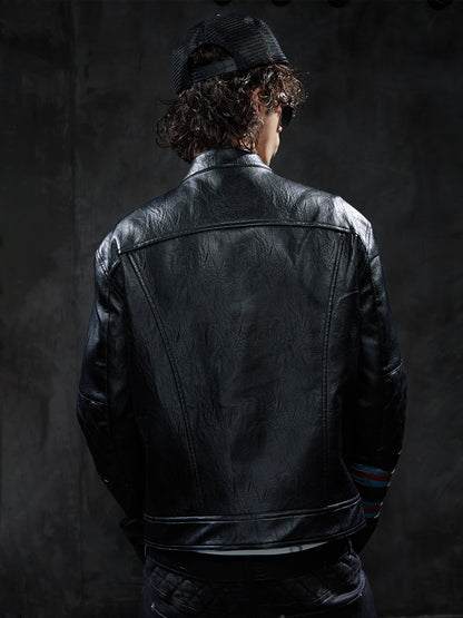 Vintage Contrast-Stripe Quilted Moto Leather Jacket