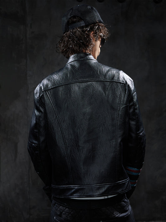 Vintage Contrast-Stripe Quilted Moto Leather Jacket
