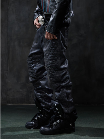 Dark Waxed Quilted Racing Moto Jeans