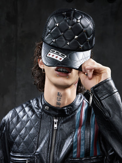 Punk Studded Quilted PU Trucker Cap