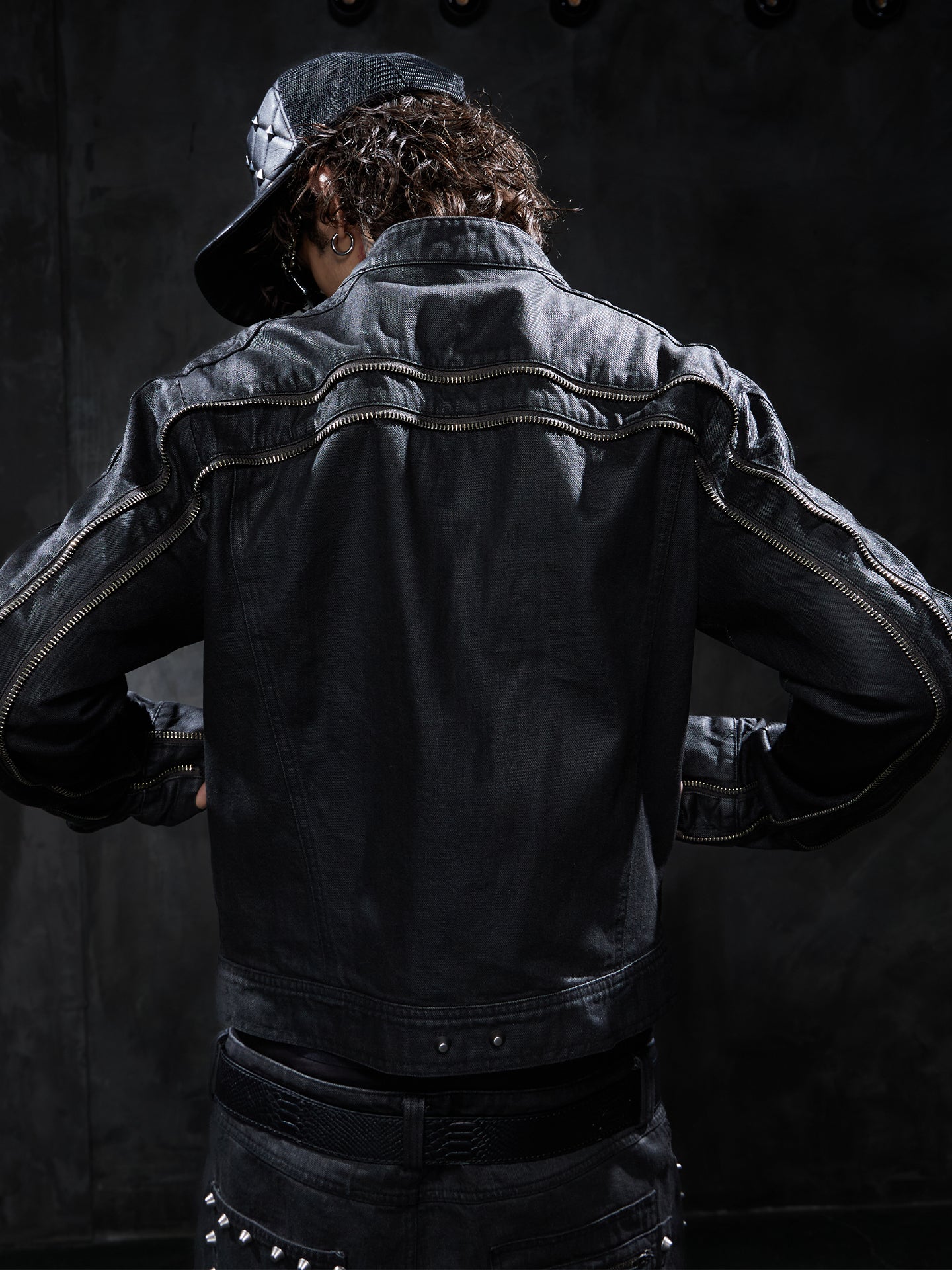 Studded Multi-Zip Waxed Cropped Moto Denim Jacket