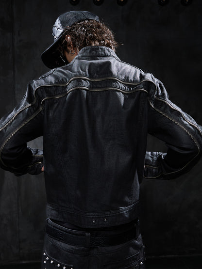 Studded Multi-Zip Waxed Cropped Moto Denim Jacket