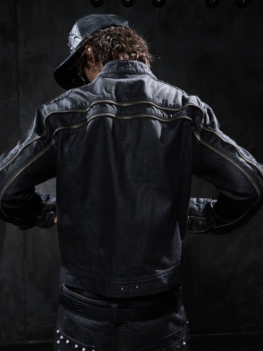 Studded Multi-Zip Waxed Cropped Moto Denim Jacket