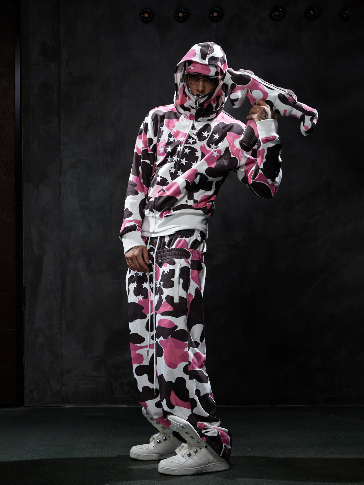 Star Camo Face Mask Zip-Up Hoodie&Double-Waist Baggy Sweatpants