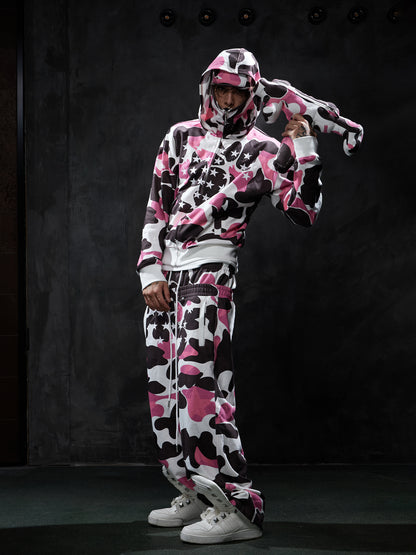Star Camo Face Mask Zip-Up Hoodie&Double-Waist Baggy Sweatpants