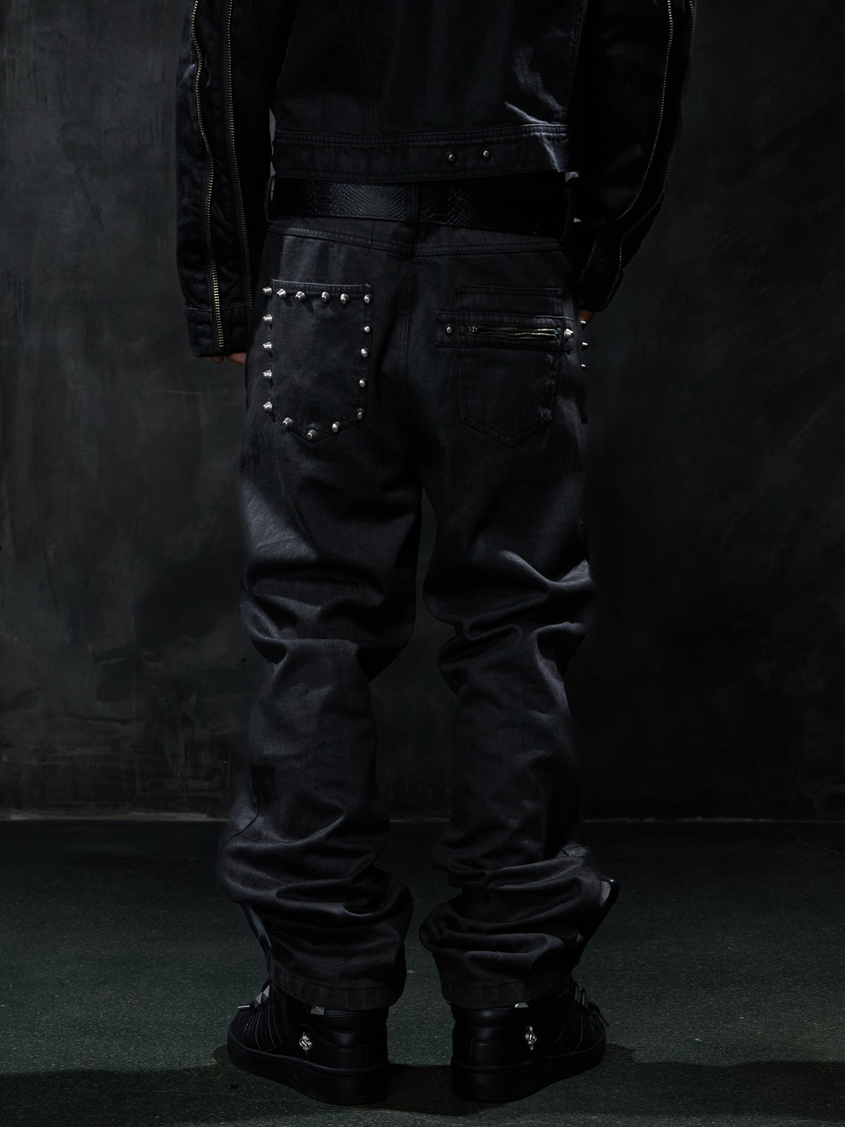 Dark Punk Studded Double-Zip Waxed Straight-Leg Jeans