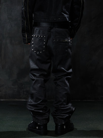 Dark Punk Studded Double-Zip Waxed Straight-Leg Jeans