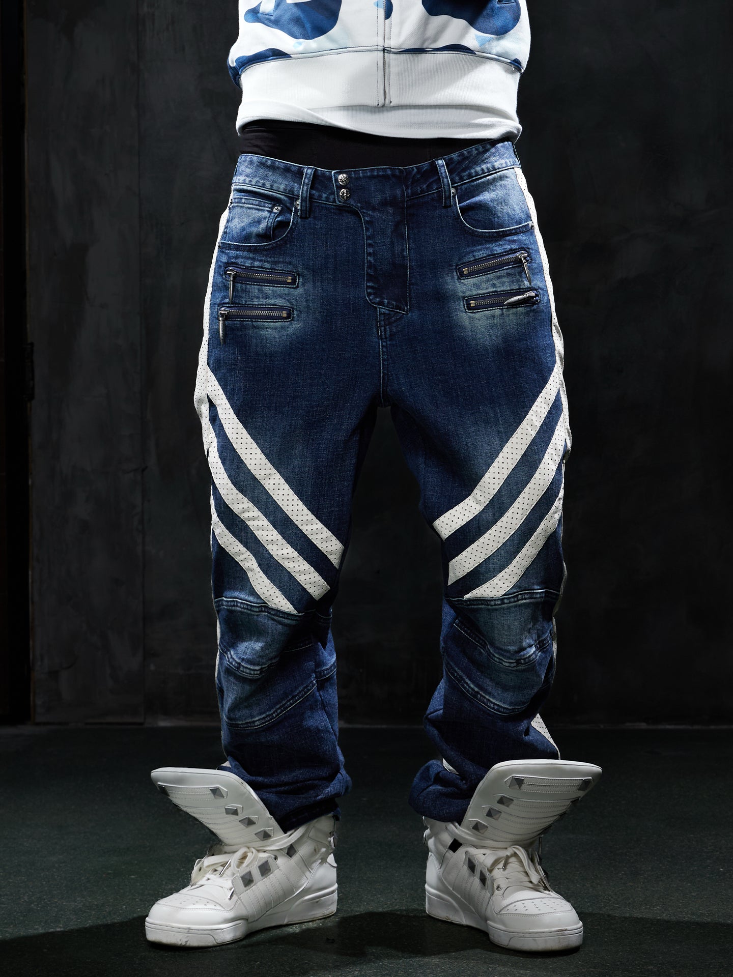 Vintage Washed Zip-Pocket Striped Biker Jeans