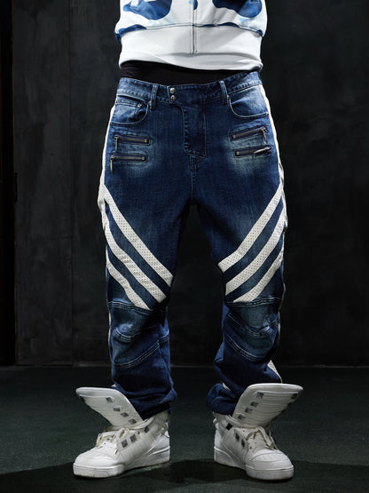 Vintage Washed Zip-Pocket Striped Biker Jeans