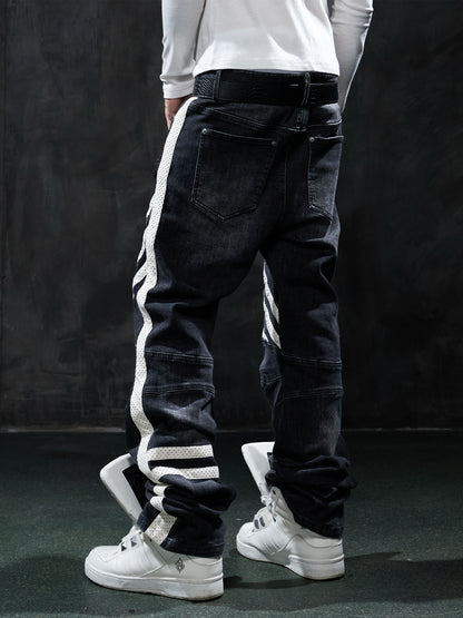 Vintage Washed Zip-Pocket Striped Biker Jeans