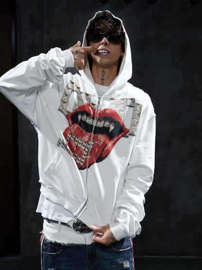 Dark Studded Tongue Graphic Oversized Zip-Up Hoodie