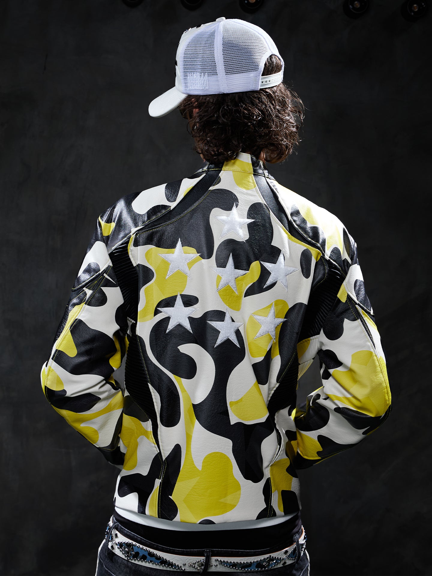 Star Camo Print Racing Leather Jacket