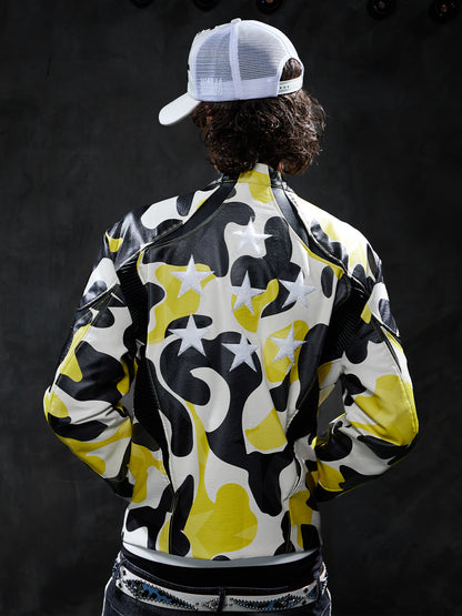 Star Camo Print Racing Leather Jacket