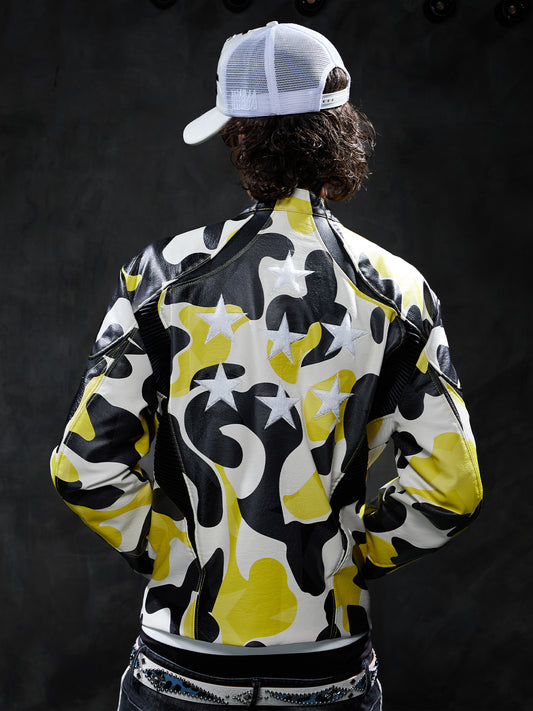 Star Camo Print Racing Leather Jacket