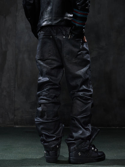 Dark Waxed Quilted Racing Moto Jeans