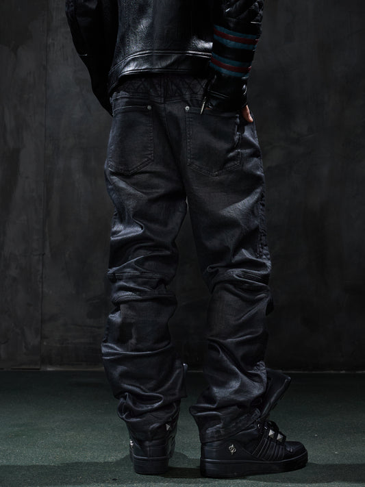 Dark Waxed Quilted Racing Moto Jeans