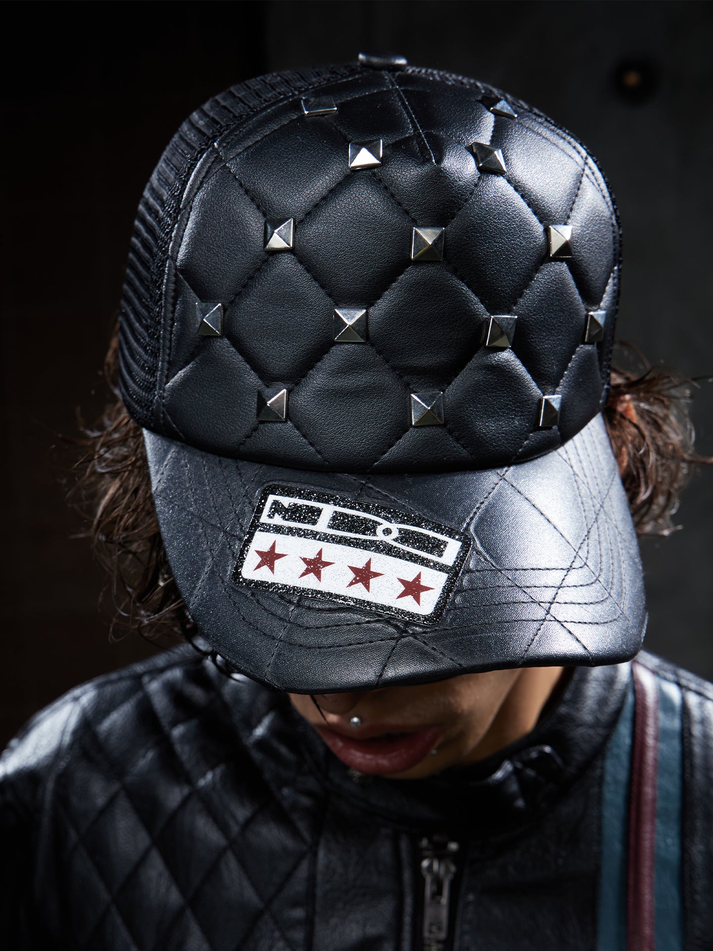 Punk Studded Quilted PU Trucker Cap