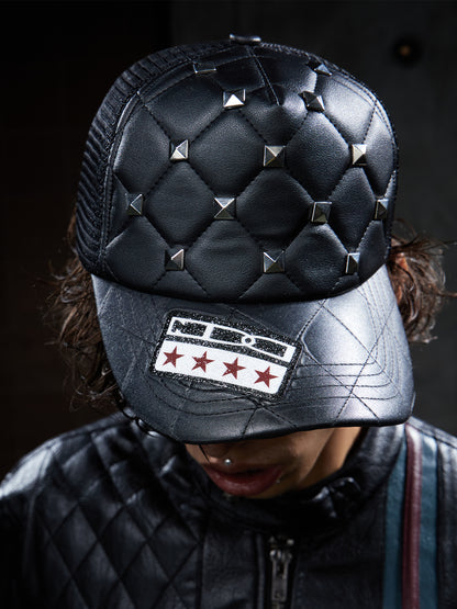 Punk Studded Quilted PU Trucker Cap
