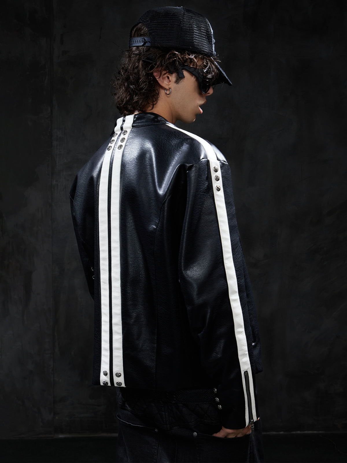 Vintage Contrast-Stripe Racing Leather Jacket