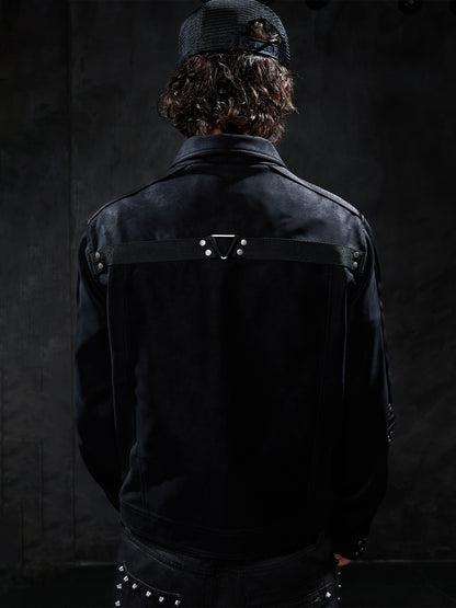 Dark Studded Multi-Strap Suede Jacket