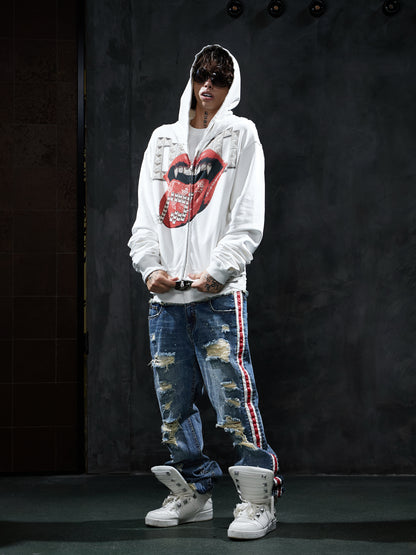 Dark Studded Tongue Graphic Oversized Zip-Up Hoodie