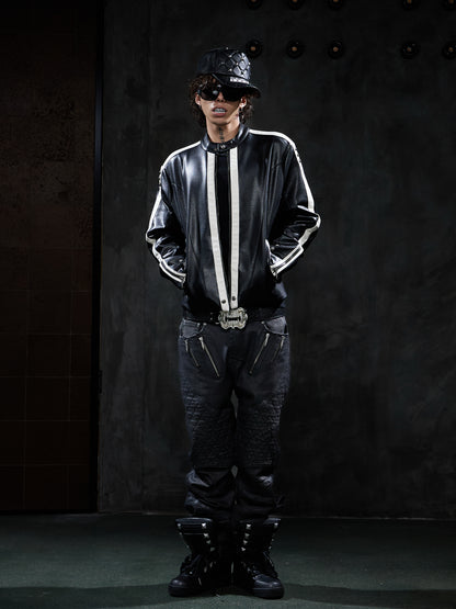Vintage Contrast-Stripe Racing Leather Jacket