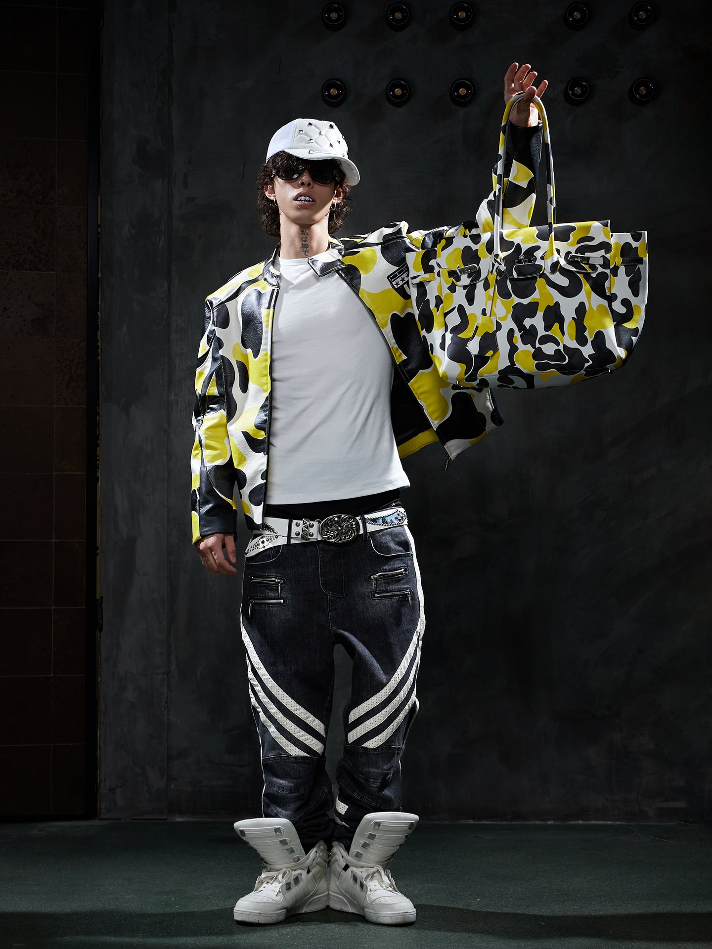 Star Camo Print Racing Leather Jacket