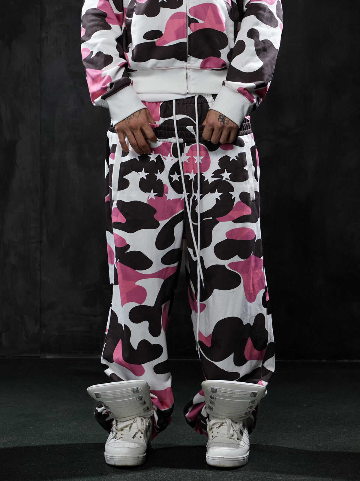 Star Camo Face Mask Zip-Up Hoodie&Double-Waist Baggy Sweatpants