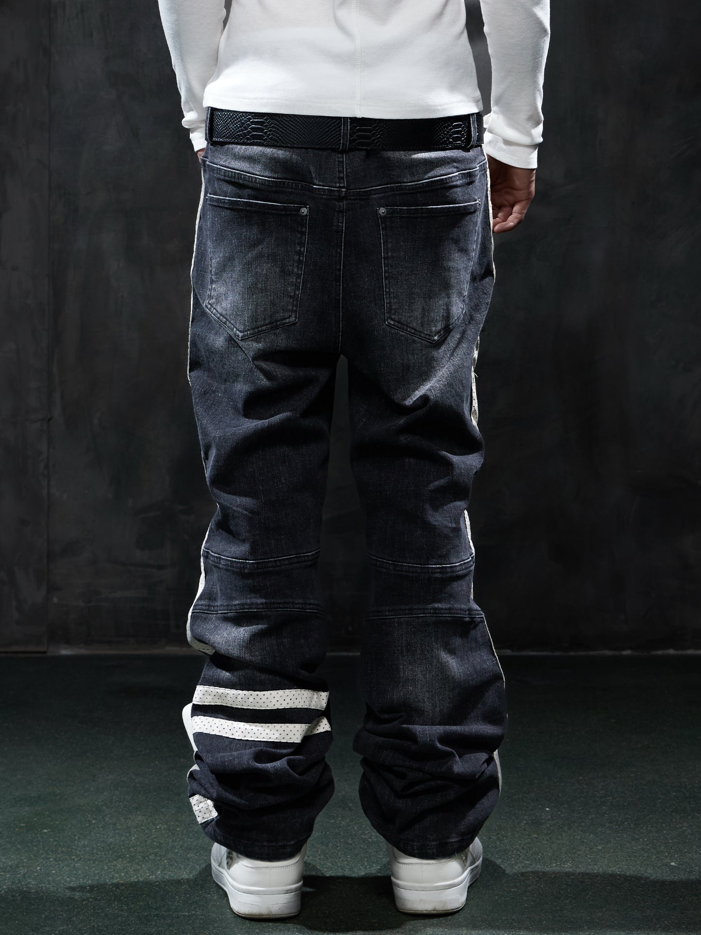 Vintage Washed Zip-Pocket Striped Biker Jeans