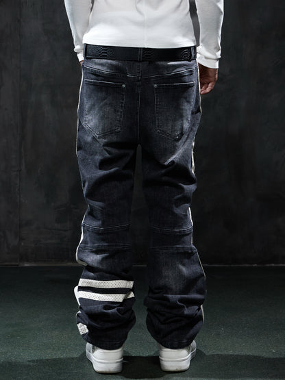 Vintage Washed Zip-Pocket Striped Biker Jeans
