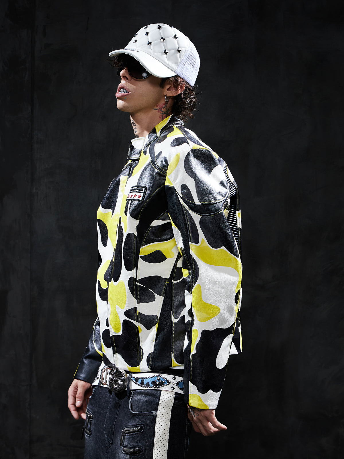 Star Camo Print Racing Leather Jacket