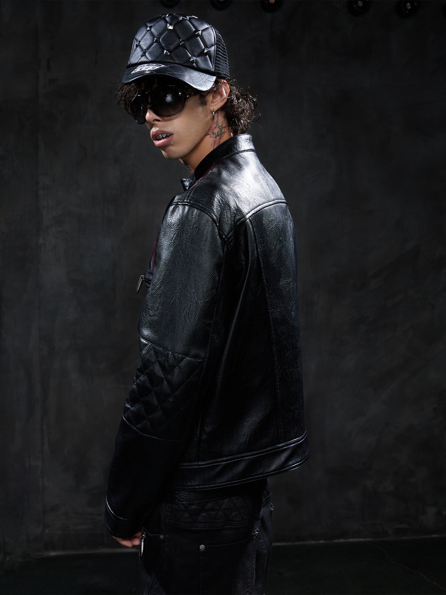 Vintage Contrast-Stripe Quilted Moto Leather Jacket