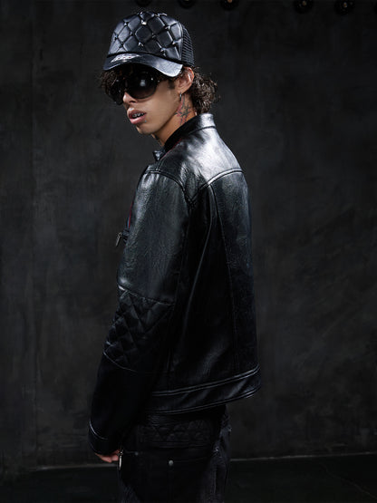 Vintage Contrast-Stripe Quilted Moto Leather Jacket