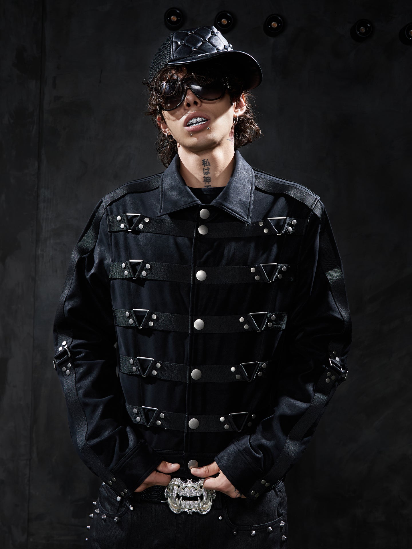 Dark Studded Multi-Strap Suede Jacket