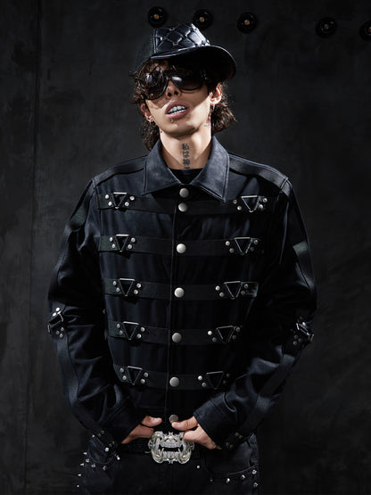 Dark Studded Multi-Strap Suede Jacket