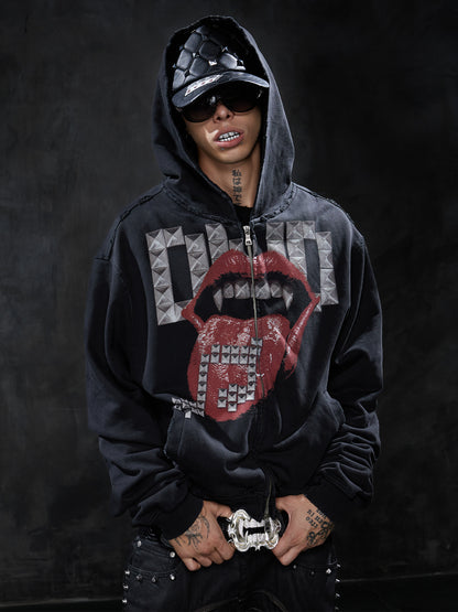 Dark Studded Tongue Graphic Oversized Zip-Up Hoodie