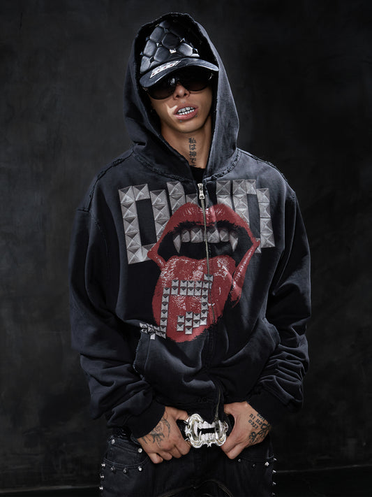 Dark Studded Tongue Graphic Oversized Zip-Up Hoodie