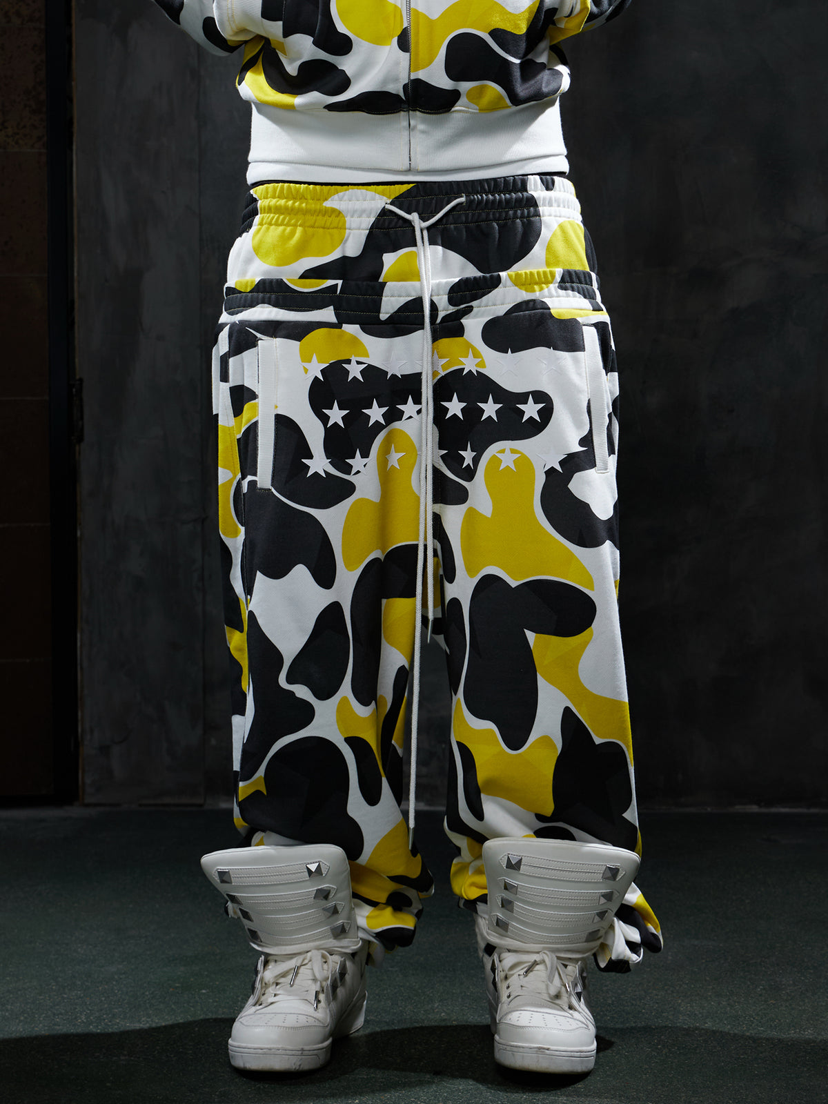 Star Camo Face Mask Zip-Up Hoodie&Double-Waist Baggy Sweatpants