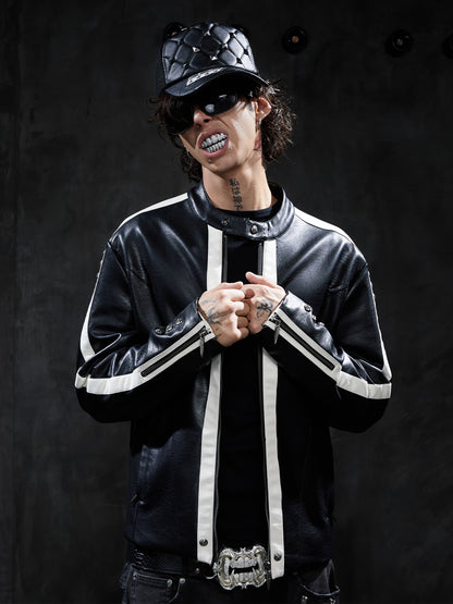 Vintage Contrast-Stripe Racing Leather Jacket