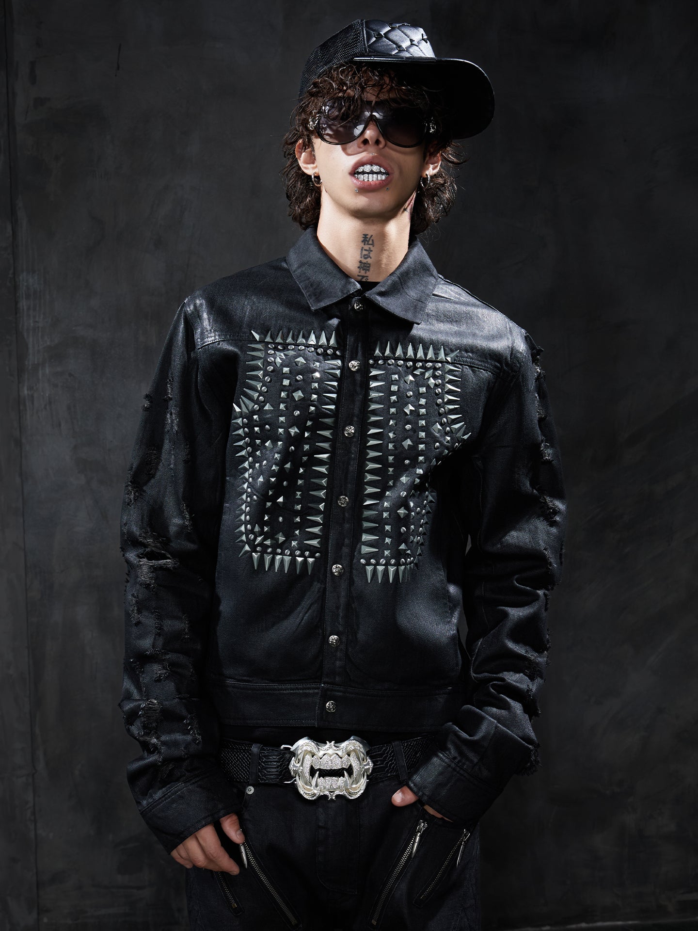 Studded Distressed Waxed Cropped Denim Jacket