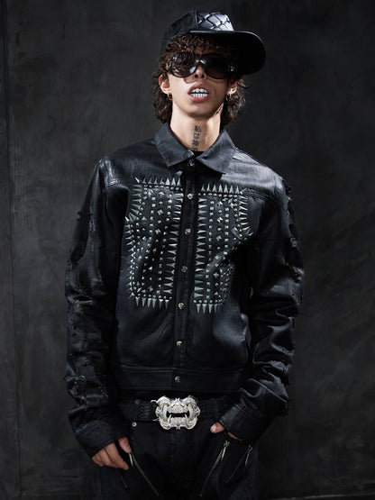 Studded Distressed Waxed Cropped Denim Jacket
