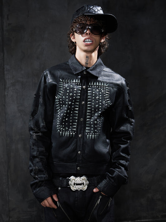 Studded Distressed Waxed Cropped Denim Jacket