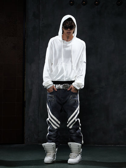 Vintage Washed Zip-Pocket Striped Biker Jeans