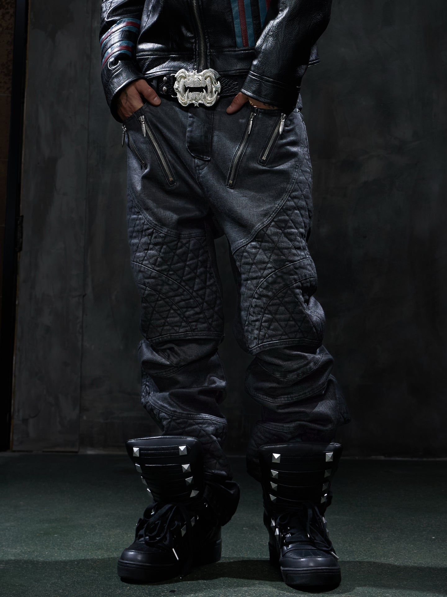 Dark Waxed Quilted Racing Moto Jeans