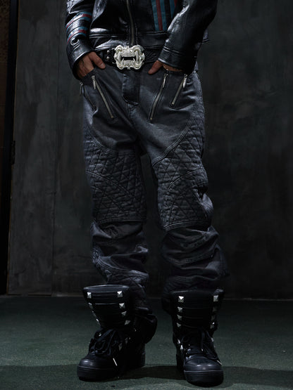 Dark Waxed Quilted Racing Moto Jeans