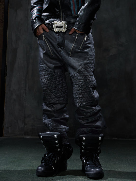 Dark Waxed Quilted Racing Moto Jeans