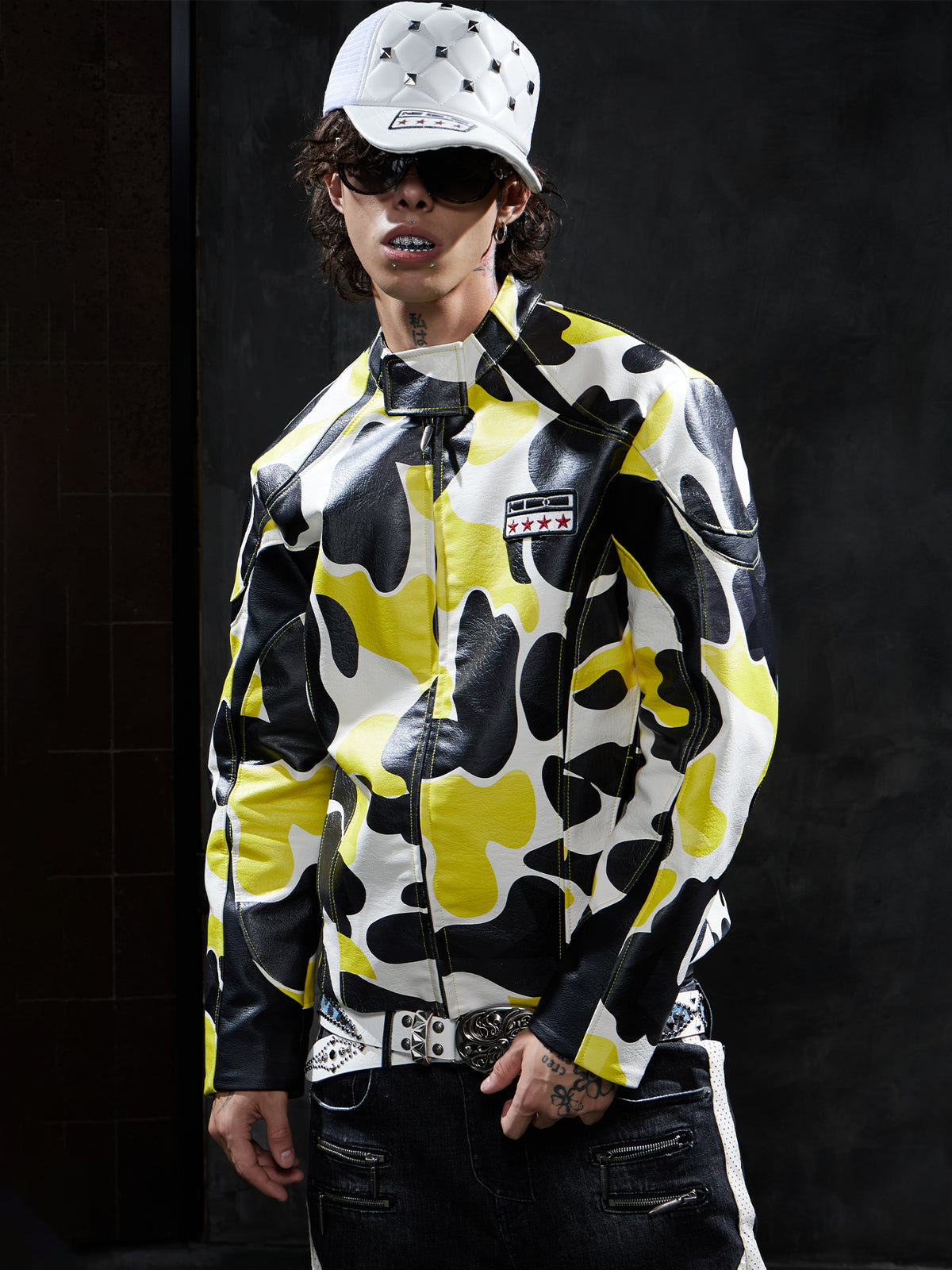 Star Camo Print Racing Leather Jacket