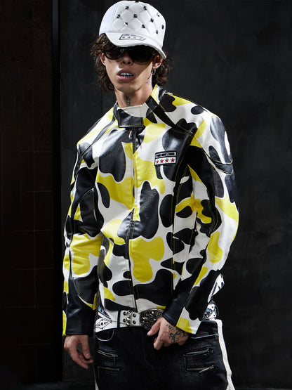 Star Camo Print Racing Leather Jacket